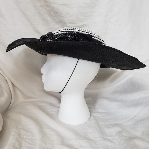 Vintage Whittall & Shon Cartwheel Style Hat Black Faux Pearls on Crown Derby
